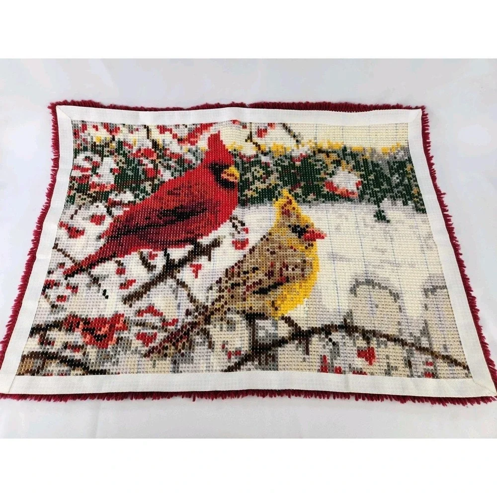 Vintage Cardinal Pair Finished Latch Hook Rug Kit Wall Hanging Birds Trees 37x27